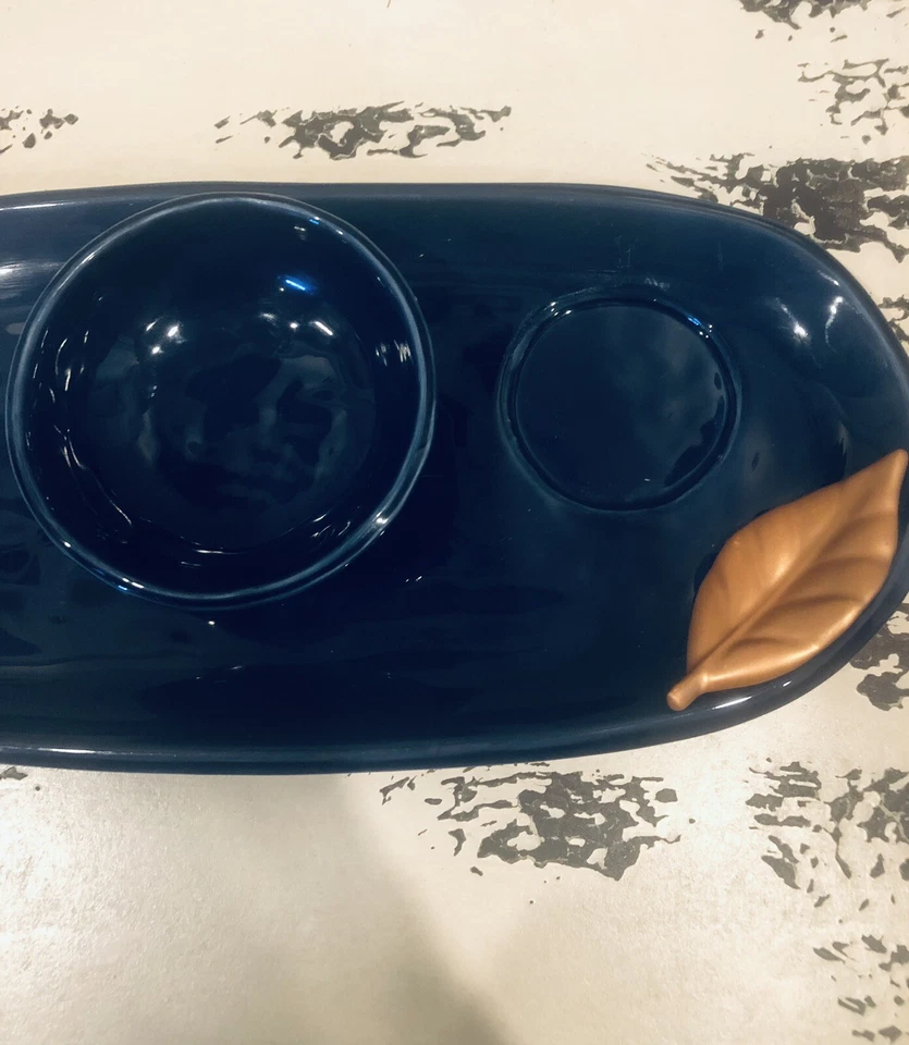 * New* Grasslands Road Serving Tray W/ Dip Bowl Dark Blue Copper Leaves 13” - Image 4 of 4