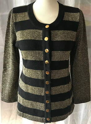 Renzo Women Knit Jacket Size 42 Black GOLD Horizontal Striped Merino Wool