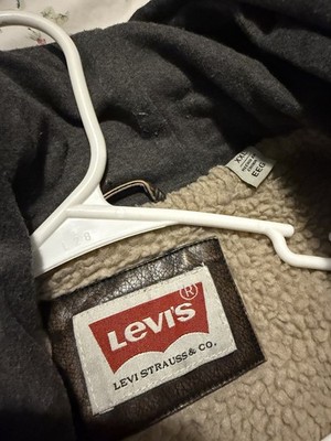Levi's Men's Brown Leather Hooded Sherpa-Lined Mid-Length Jacket XXL