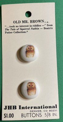 (2) RARE JHB 5/8'' BEATRIX POTTER OLD MR BROWN OWL PLASTIC BUTTONS NOS CARD-W3
