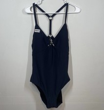 Lands End Swimsuit Womens 12 Navy Blue One Piece Silver Beach Vacation Resort