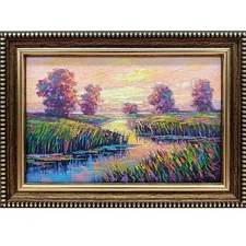 Summer nature Oil painting Original art Country Landscape Flower meadow 4 x 6 in