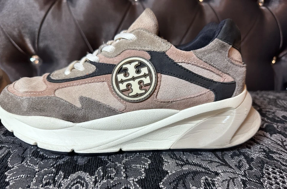 Tory Burch Womens Sawyer Trainer Sneakers Sz 8.5  Tan Pink Neutral Designer Logo - Image 2 of 4