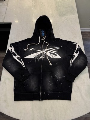 NEW Hellstar (SMALL) Washed Out Black Zip Up Hoodie Streetwear Logo White Flame