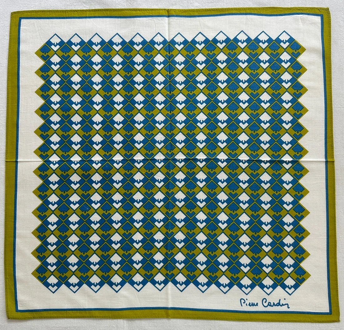 Vintage Men Handkerchief Cotton Green Blue Midcentury Modern Pocket Square 17"~P