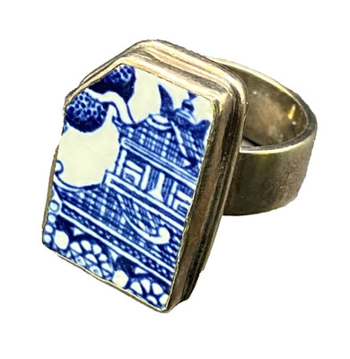 Sterling Silver 925 Ring Size 6.5 Handmade Blue Willow China Pattern
