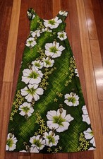 Vintage Hukilau Fashions Floral Green Maxi Length Dress Size 8 Barkcloth READ
