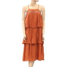 HappyxNature Kate Hudson Tiered Slip Midi Dress Rust Crochet Lace Tie XXS 205556