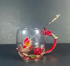 Ornate Metal Enamel RED ROSE Butterfly Coffee/Tea Mug W Spoon ARC of France