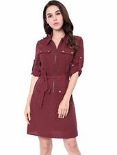 Allegra K Women Roll Up Sleeves Multi-Pocket Belt Shirt Dress