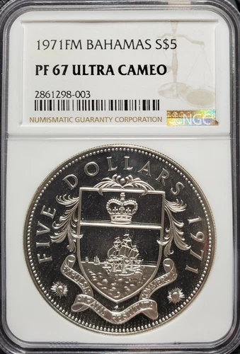 1971FM BAHAMAS SILVER PROOF $5, NGC PF-67 UCAM, KM# 24