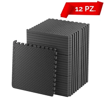 FFITNESS TAPPETO PUZZLE TAPPETINO FITNESS PALESTRA MULTIUSO SCHIUMA EVA 12PZ 60X60CM NERO