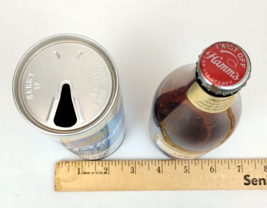 Lote de 8 latas de cerveza Hamm's Flat Top y 1 botella de vidrio ámbar stock preferido borrador Foto 3 de 4