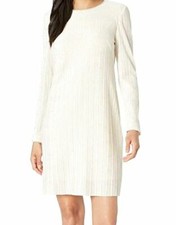 $399 Adrianna Papell Women's White Pleated Metallic Velvet Shift Dress Size 8