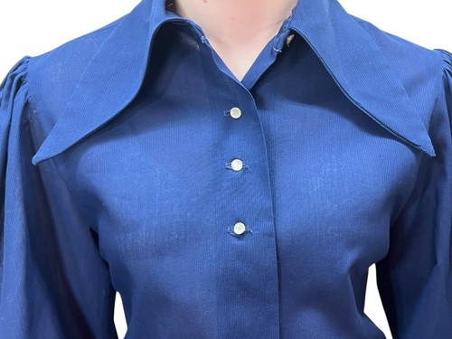 Vtg 70s Sz M 39" Bust Blue Shirt Blouse Bishop Sleeves DAGGER Collar Fritzi CALI - Picture 3 of 14