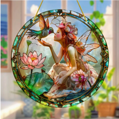 Large Forest Fairy and Hummingbird Suncatcher, 8'' Acrylic Stained Glass Look. 2D