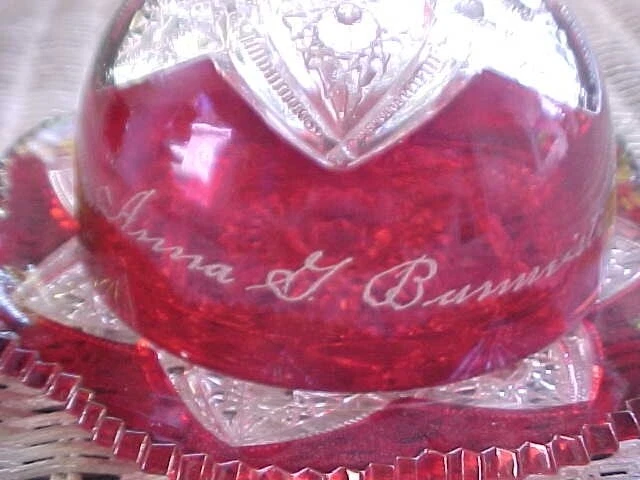 RUBY STAINED GLASS COVERED BUTTER "ANNA G BANNEISTER 1910" - Image 2 of 4