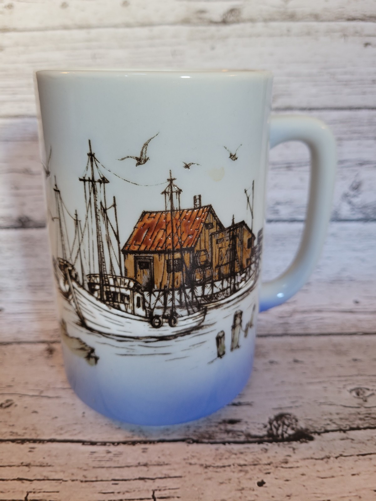 Otagiri Japan Stoneware Mug Nautical Embossed Seashore Seagulls Sailboat 14oz 