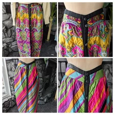 Vtg Reversible Quilted Maxi Long Skirt Button Front Bright Colors Psychedelic