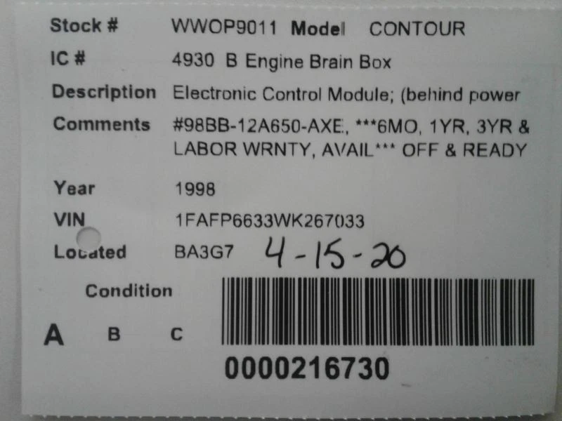 Engine ECM ECU PCM Module Computer 98 1998 Ford Contour 2.0L 98BB-12A650-AXE - Image 3 of 3