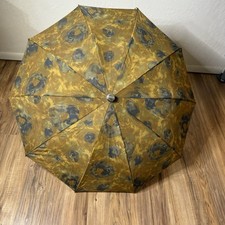 Vintage KOBOLD Automatic Floral Watercolor Gold Blue Umbrella Rain Silver Handle