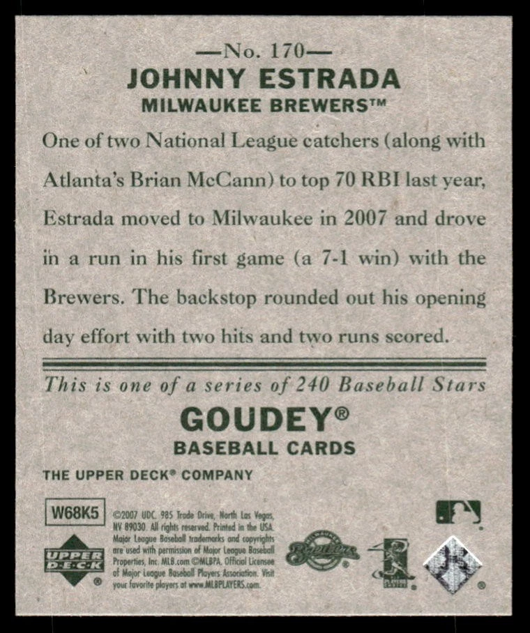 2007 Upper Deck Goudey Johnny Estrada #170 Milwaukee Brewers - Image 2 of 2