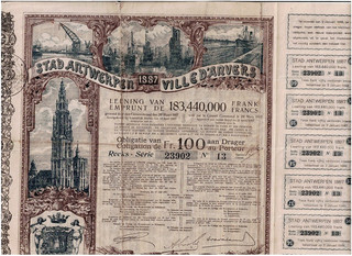 Ville d'Anvers 1887 Obl. 1000 BF top deco rarely offered single piece VF/