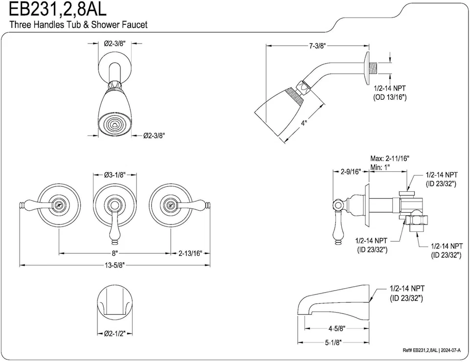 Elements of Design Magellan EB235AL Three Handle Tub and Oil Rubbed Bronze - Image 2 of 2