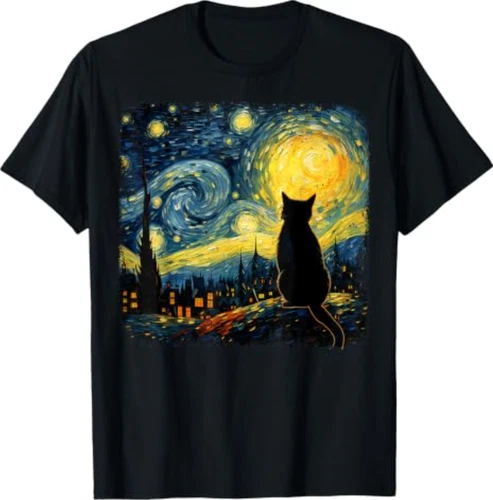 Funny Cat Starry Night Van Gogh Art T Shirts for Cat Lovers Mom Dad Tees - product listing photo