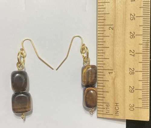 Gold Tone Brown Square Tigers Eye Crystal Gemstone Dangle Drop Earrings 1.5” - 第 5/8 張圖片