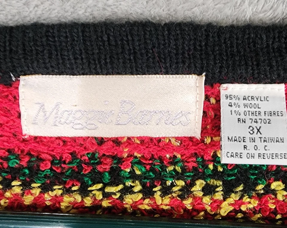 Maggi Barnes Sweater Womens 3X Red Plaid Button Cardigan Gold Chain 80s Vintage - Image 3 of 4