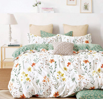 Elegant King Duvet Cover Set, 600 TC Cotton, Yellow Floral & Green Branch Design
