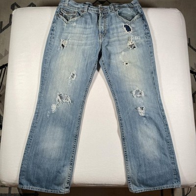 MEK Denim Jeans Mens 40x32 Light Wash Woodstock Boot Cut Distressed Embroidered