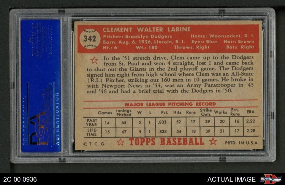 1952 Topps #342 Clem Labine Dodgers RC PSA 6 - EX/MT - Image 2 of 2