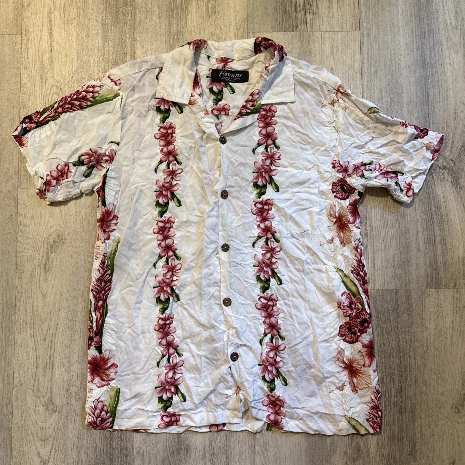 Favant White And Red Hawaiian Flower Button Down Short Sleeve Shirt Men’s Large