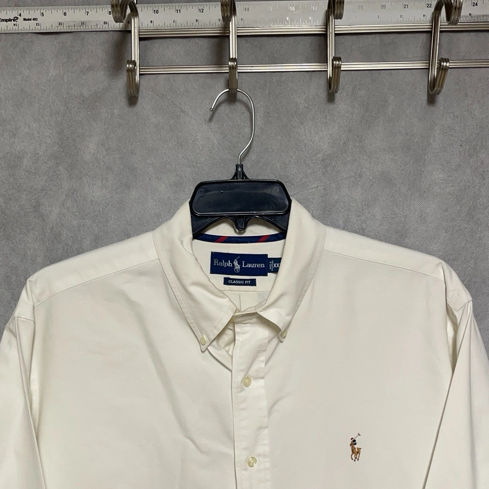 VTG Polo Ralph Lauren Shirt Men's 2XL White OCBD Flesh Pony Curved Hem Academia
