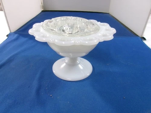 Anchor Hocking White Milk Glass Compote with Clear Flower Frog Vintage Lace Edge