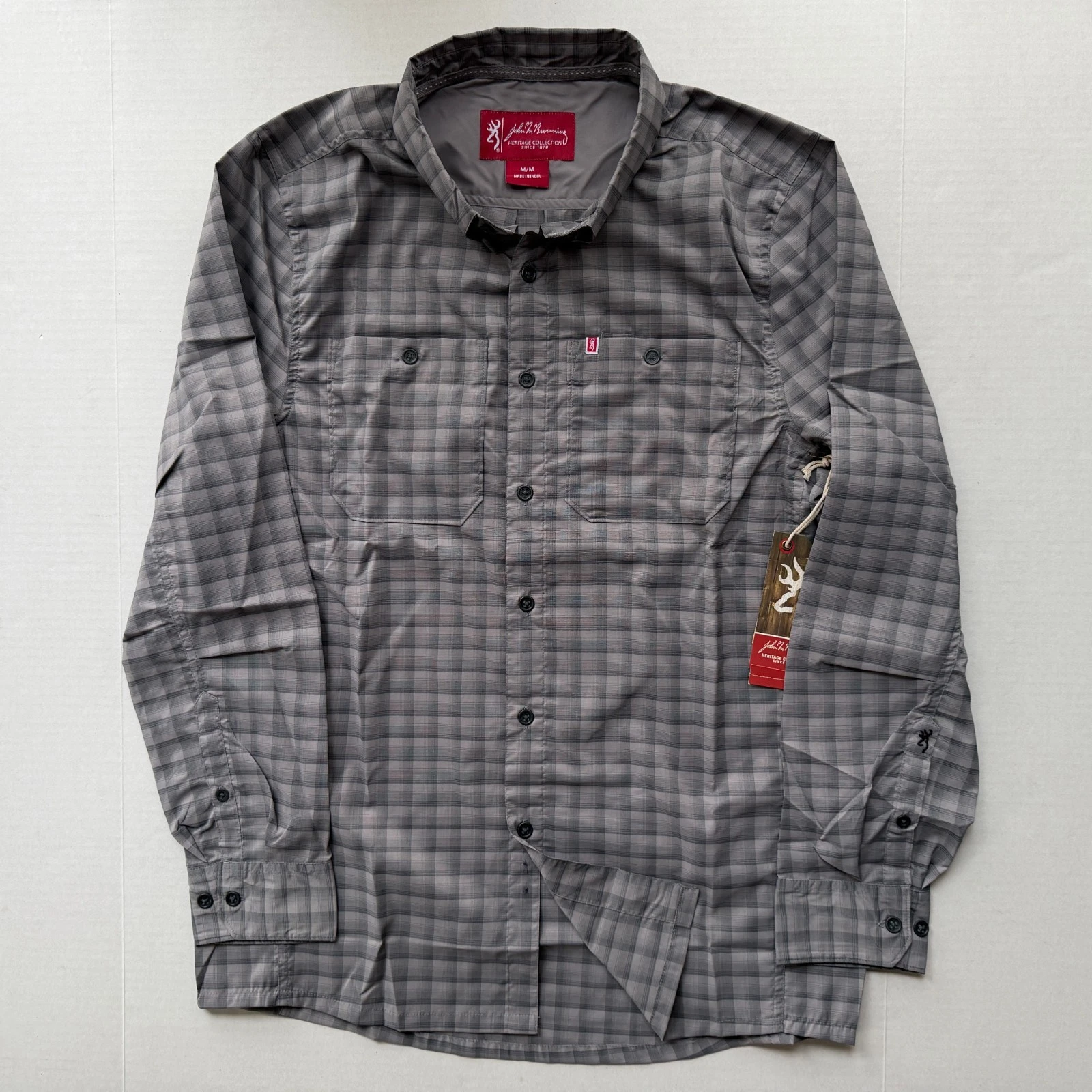 Browning Chesapeake Shirt Mens M Heritage Plaid Button Down Performance Gray