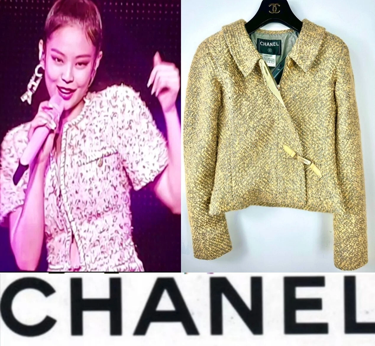 Giacca tweed Chanel vintage 2000 logo oro 34 36 2 4 cappotto top blu grigio anni 90 S