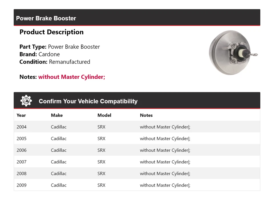 Para Cadillac SRX 2004-2009 Power Brake Booster Cardone 2005 2006 2007 2008 Foto 2 de 4