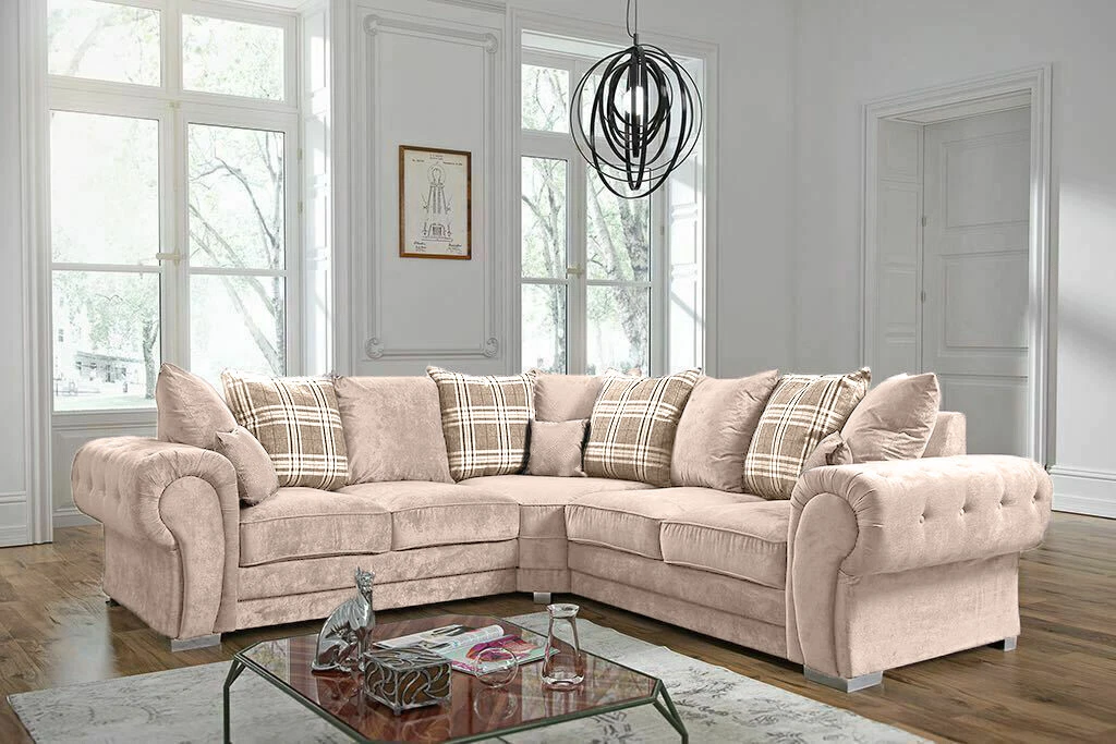 Verona Luxury Corner Sofa Large Fabric 3 2 Seater Set with Footstool Mink