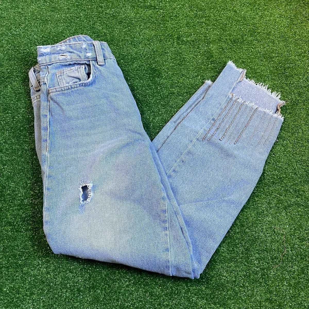 Zara Basic Women s Rhinestone Crop Raw Hem High Rise Mom Jeans Pants Size 00