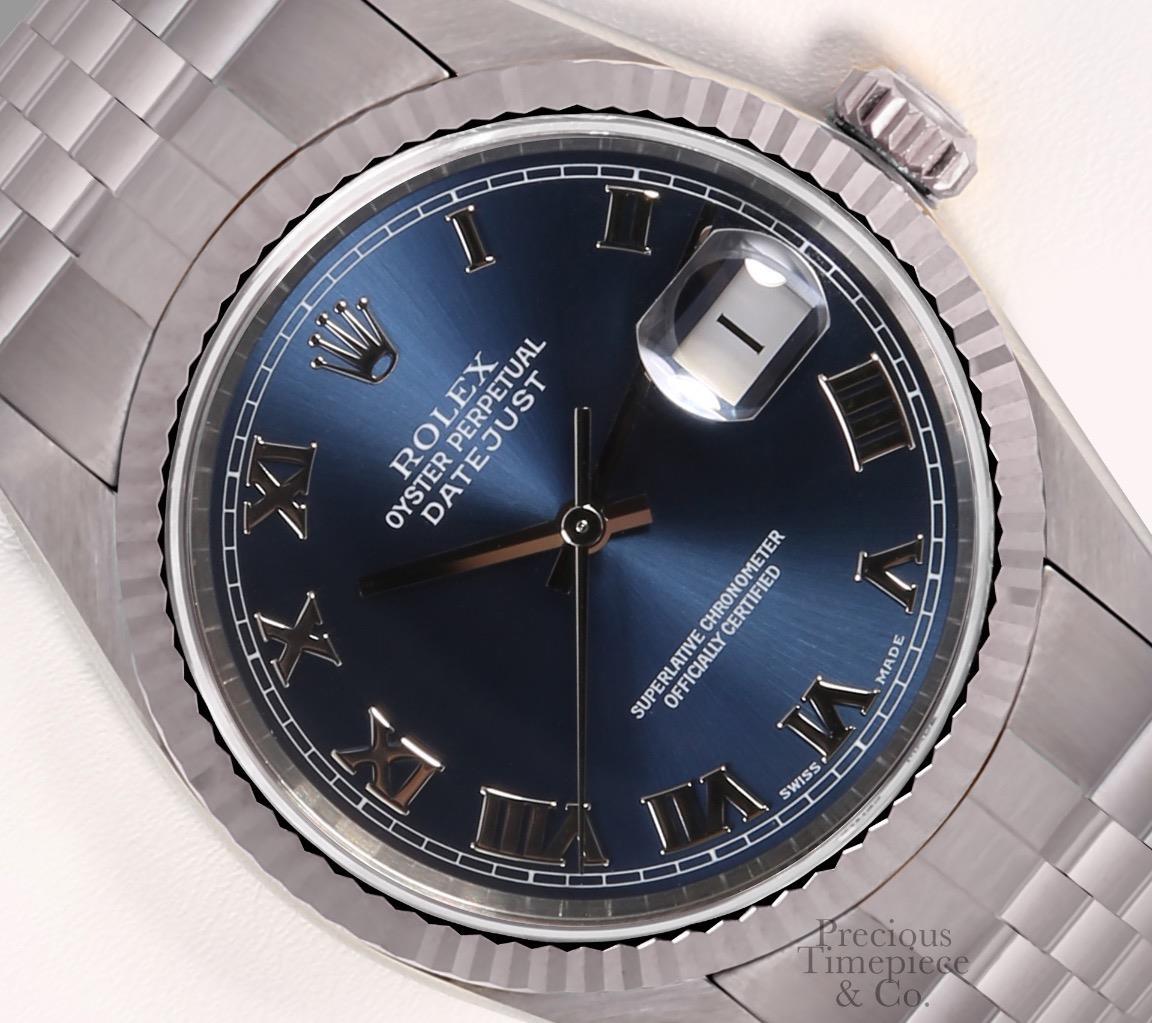 Rolex Men Datejust Stainless Steel 36mm Watch-Navy Roman Dial-18k