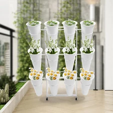 3 Tier Plants Holder With Wheels Mental Flower Display Stand + 12 Pcs Buckets