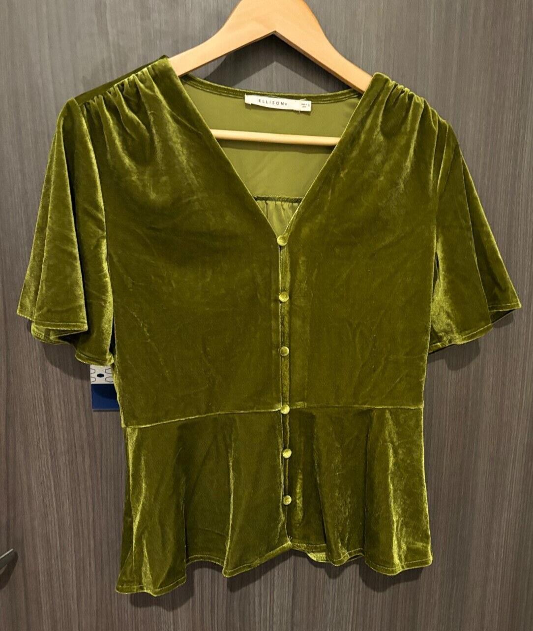 Ellison Blouse Top Women's Small Green Velvet Pleated Short Sleeve Button Front