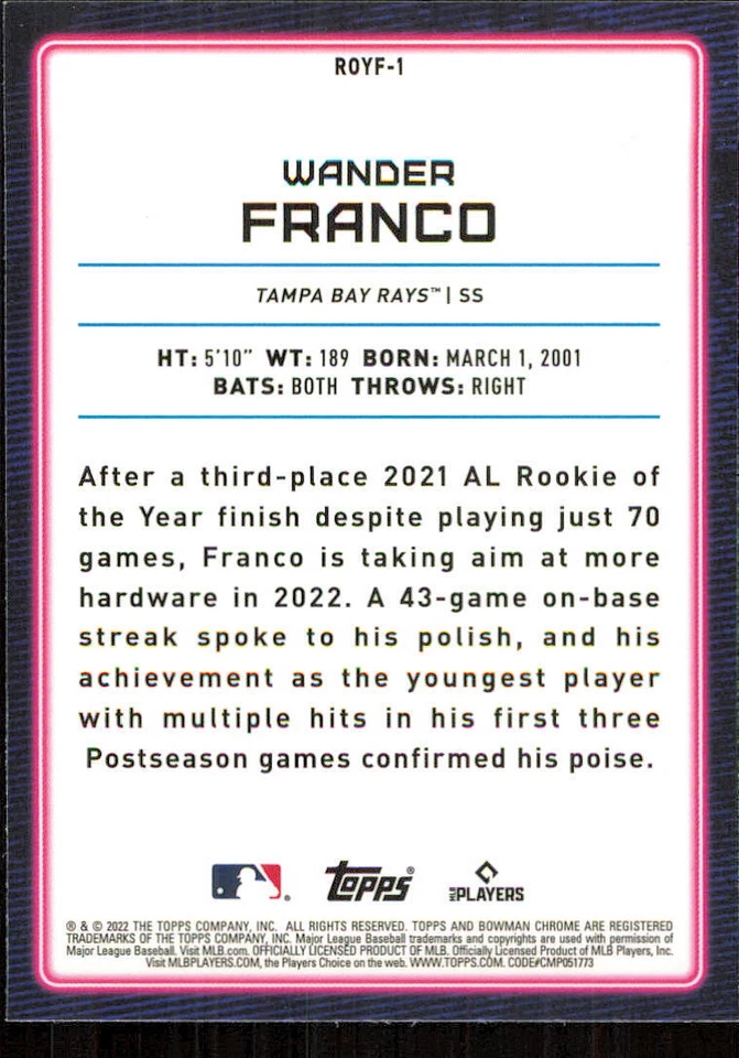 2022 Bowman Chrome Rookie of the Year Favorites #ROYF1 Wander Franco - Image 2 of 2