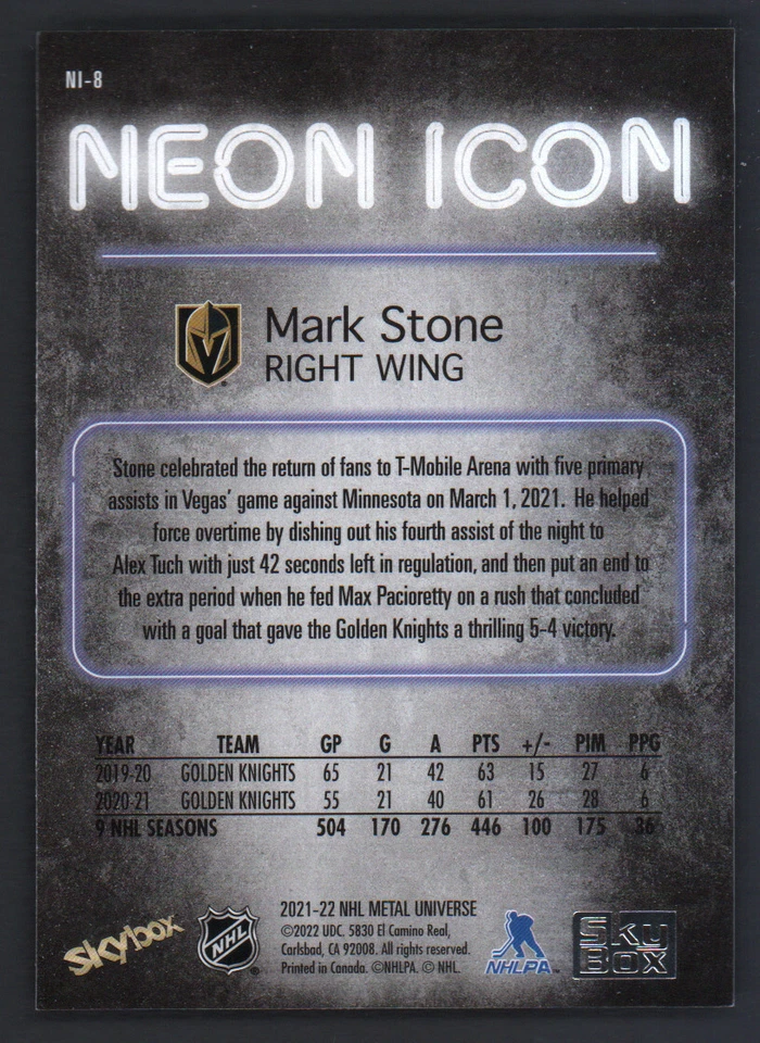 2021-22 UD Skybox Metal Universe Neon Icon Insert #NI-8 Mark Stone - Image 2 of 2