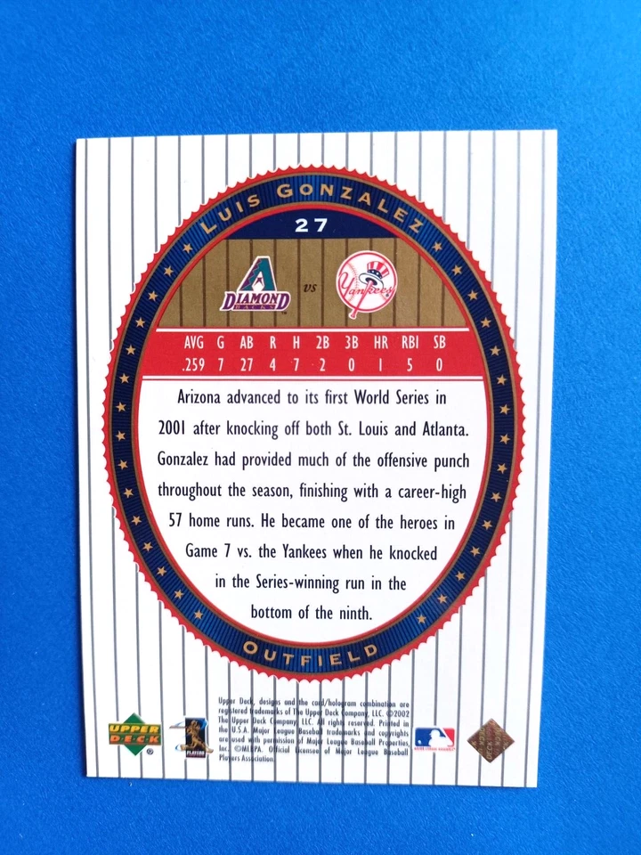 2002 UPPER DECK WORLD SERIES HEROES LUIS GONZALEZ #27 ARIZONA DIAMONDBACKS - Image 2 of 2