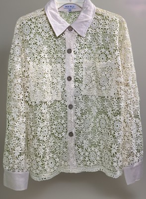Boho Crochet Lace Collared White Birch Womens Shirt Cotton Blend S Ivory Summer