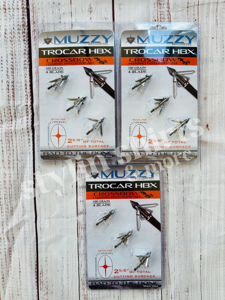Paquete de 3 ballestas Muzzy Archery Trocar HBX mecánicas 4 hojas 100 granos 3 cabeza ancha Foto 2 de 4